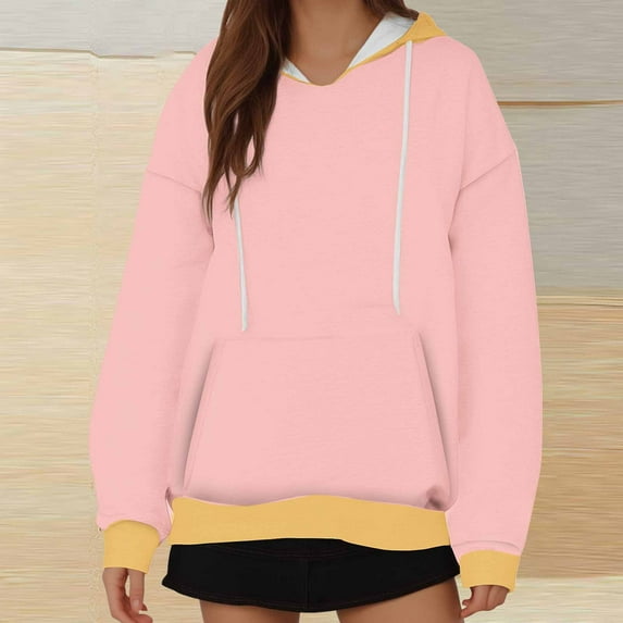 JUSLIO Color Block Womens Tops Relaxed Fit Hoodies Sweatshirts Graphic Long sleeve Sweatshirts Pink 2XL