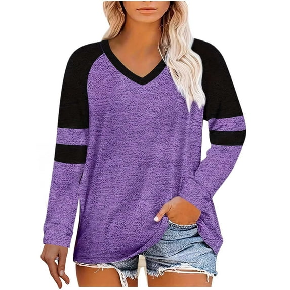 JUSLIO Contrast Color Womens Shirts Plus Size Relaxed Fit Blouses Fashion Long sleeve V Neck Blouses Purple 3XL