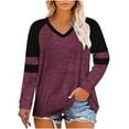 thumbnail image 1 of JUSLIO Contrast Color Womens Tops Plus Size Relaxed Fit Shirts Fashion Long sleeve V Neck Shirts Wine 2XL, 1 of 5