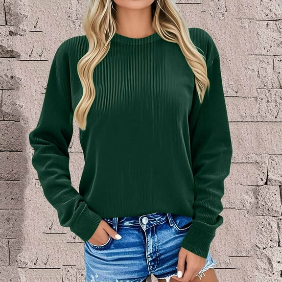JUSLIO Corduroy Blouses for Women Cotton Fleece Sweatshirts Solid Long sleeve V Neck Sweatshirts Green XL
