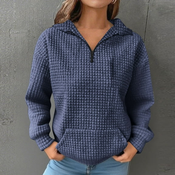 JUSLIO Cotton Blouses for Women Zipper Relaxed Fit Sweatshirts Solid Long sleeve Collar Sweatshirts Navy 2XL