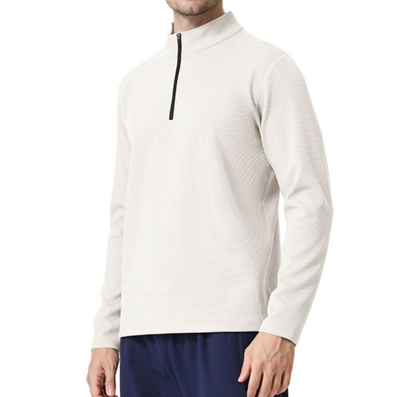 JUSLIO Cotton Mens Shirts Zipper Casual Tops Half-Zip Long sleeve Stand Collar Tops White XL