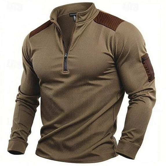 JUSLIO Cotton Mens Shirts Zipper Solid Sweatshirts Fashion Long sleeve Stand Collar Sweatshirts Brown XL