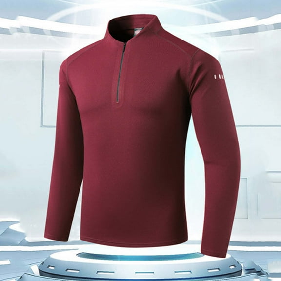 JUSLIO Cotton Shirts for Men Zipper Warm Tops Half-Zip Long sleeve Stand Collar Tops Wine 3XL