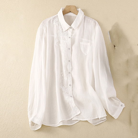 JUSLIO Cotton Shirts for Women Casual Solid Blouses Fashion Long sleeve Collar Linen Blouses White L