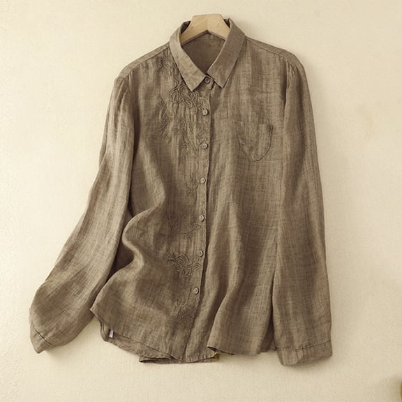 JUSLIO Cotton Tops for Women Casual Solid Blouses Fashion Long sleeve Collar Linen Blouses Khaki L