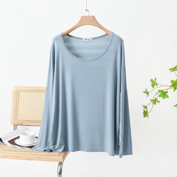 JUSLIO Cotton Tops for Women Casual Solid Shirts Fashion Long sleeve Round Neck Shirts Green Free Size