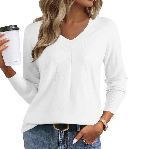 JUSLIO Cotton Tops for Women Pullover Knit Shirts Solid Long sleeve V Neck Shirts White L