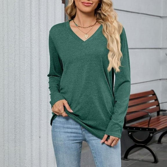 JUSLIO Cotton Tops for Women Pullover Solid Shirts Ruched Long sleeve V Neck Shirts Green XL