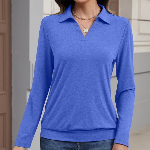 JUSLIO Cotton Tops for Women Relaxed Fit Knit Shirts Solid Long sleeve V Neck Shirts Blue M