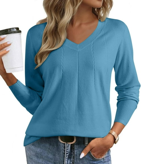 JUSLIO Cotton Women Tops Pullover Knit Blouses Solid Long sleeve V Neck Blouses Blue S