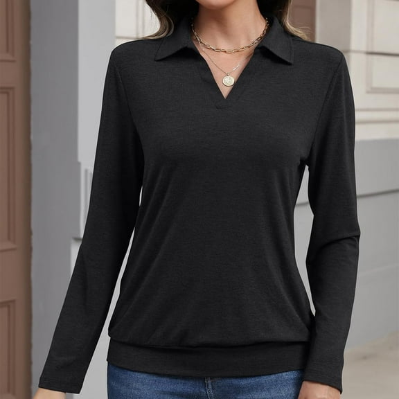 JUSLIO Cotton Women Tops Relaxed Fit Knit Shirts Solid Long sleeve V Neck Shirts Black 2XL