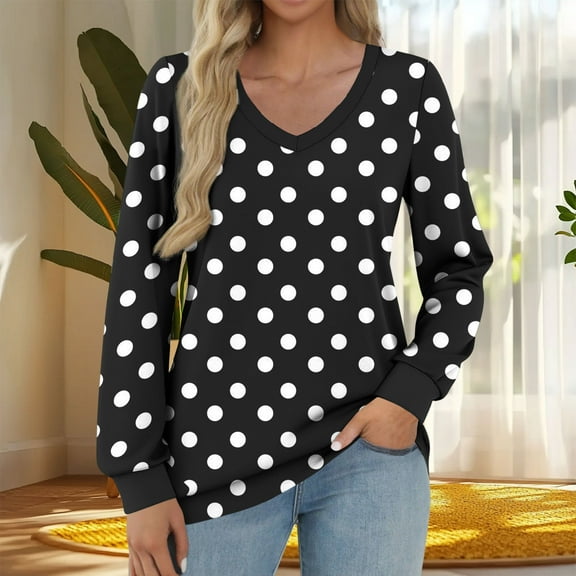 JUSLIO Cotton Womens Blouses Polka Dot Relaxed Fit Shirts Tops Irregular Print Long sleeve V Neck Shirts Tops Black 2XL