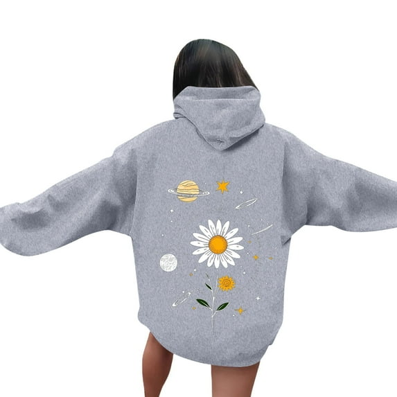 JUSLIO Crewneck Hoodies for Women Hooded Graphic Sweatshirts Comfortable Everyday Long Sleeve Casual Sweatshirts