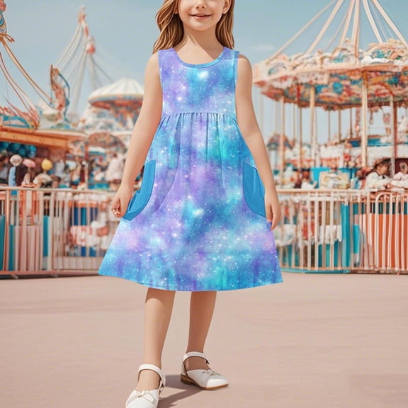 JUSLIO Dresses for Girls A Line Dresses with Pockets Crew Neck Sleeveless Casual Dress Size 5 Y