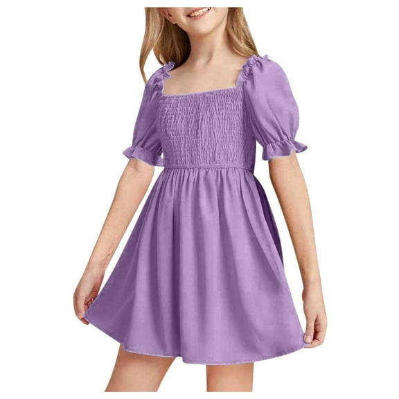 JUSLIO Dresses for Girls Beach Dresses Solid Casual Short Sleeve Cotton Dress Size 2 Y