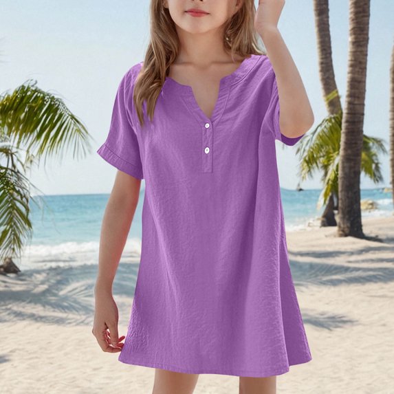 JUSLIO Dresses for Girls Button Dresses Solid V Neck Short Sleeve Casual Dress Size 14