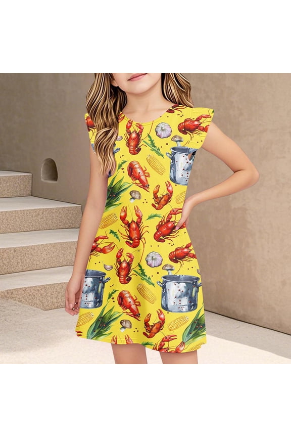 Dresses for Girls Flying Sleeve Dresses Print Casual Dress Size 3 Y