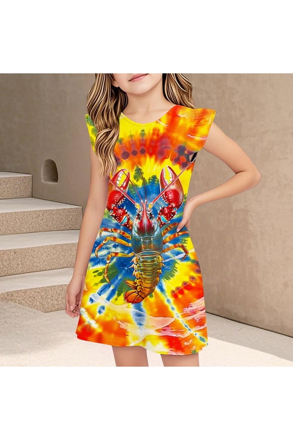 Dresses for Girls Flying Sleeve Dresses Print Casual Dress Size 3 Y