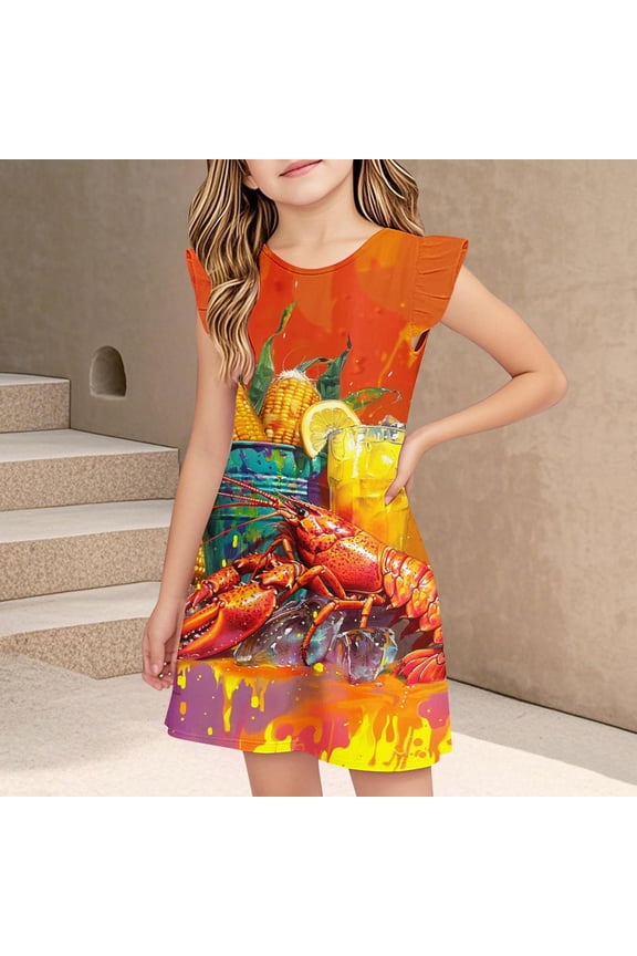 Dresses for Girls Flying Sleeve Dresses Print Casual Dress Size 3 Y