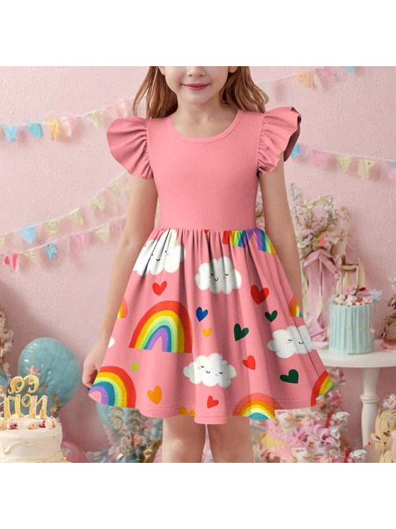 Dresses for Girls Flying Sleeve Dresses Print Crew Neck Short Sleeve Casual Dress Size 3 Y