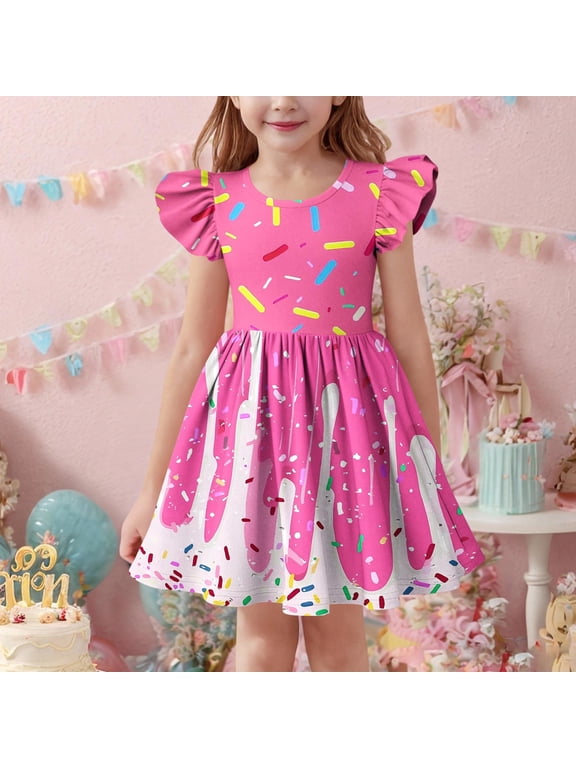 Dresses for Girls Flying Sleeve Dresses Print Crew Neck Short Sleeve Casual Dress Size 3 Y