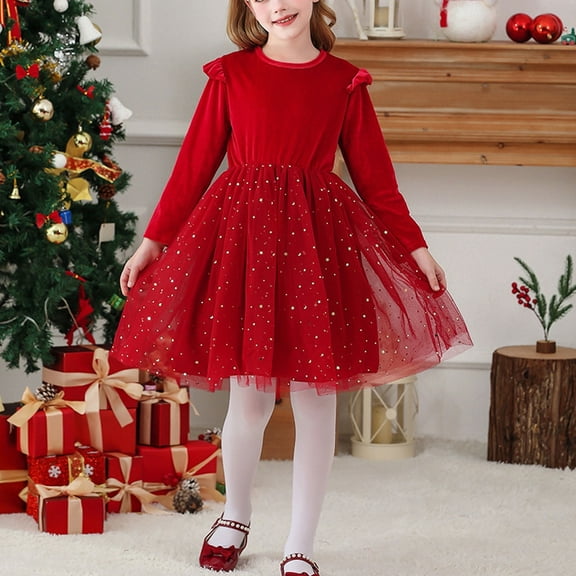 JUSLIO Dresses for Girls Tulle Ruffle Long Sleeve Girls Dress Round Neck Winter Casual Dresses