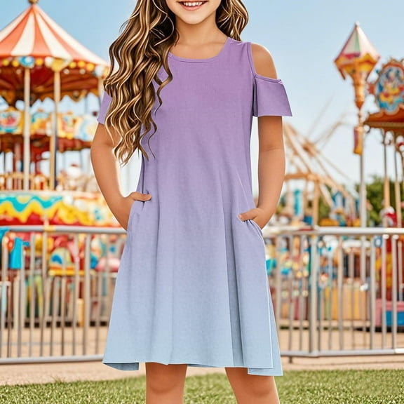 JUSLIO Dresses for Girls Gradient Dresses with Pockets Crew Neck Short Sleeve Casual Dress Size 3 Y