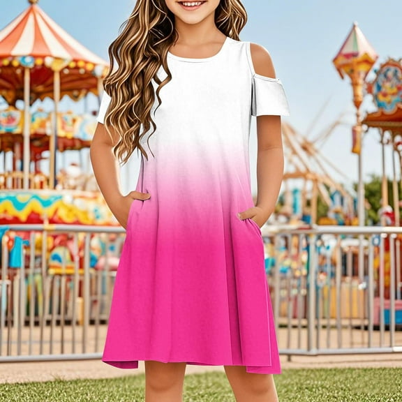 JUSLIO Dresses for Girls Gradient Dresses with Pockets Crew Neck Short Sleeve Casual Dress Size 7 Y