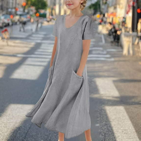 JUSLIO Dresses for Girls Linen Dresses with Pockets Crew Neck Short Sleeve Casual Dress Size 11 Y