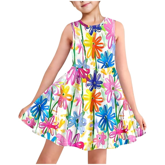 JUSLIO Dresses for Girls Multicolor Dresses with Pockets Crew Neck Sleeveless Casual Cotton Dress Size 3 Y