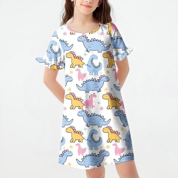 JUSLIO Dresses for Girls Pajamas Dresses Loungewear Crew Neck Short Sleeve Casual Dress Size 6