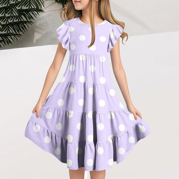 JUSLIO Dresses for Girls Patchwork Dresses Polka Dot Crew Neck Short Sleeve with Pockets Casual Dress Size 12 Y
