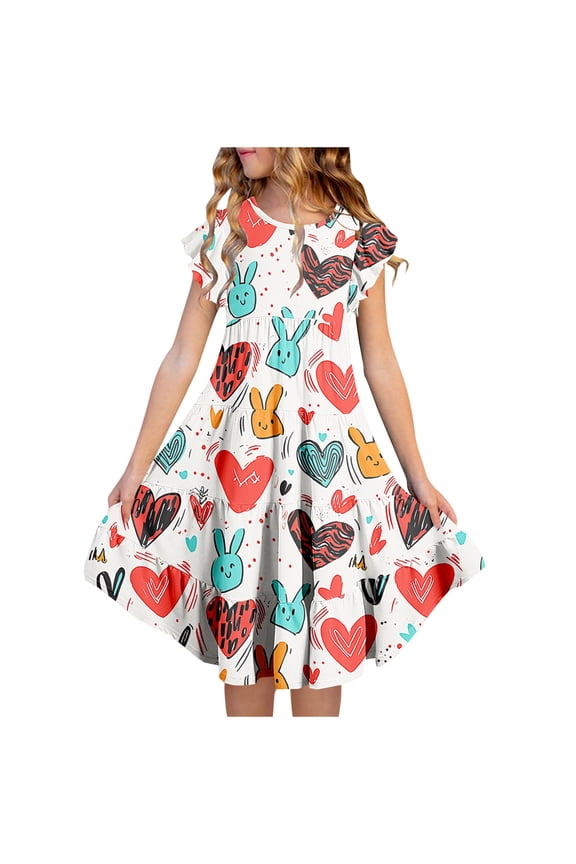 Dresses for Girls Patchwork Dresses with Pockets Crew Neck Short Sleeve Casual Dress Size 6-7 Y