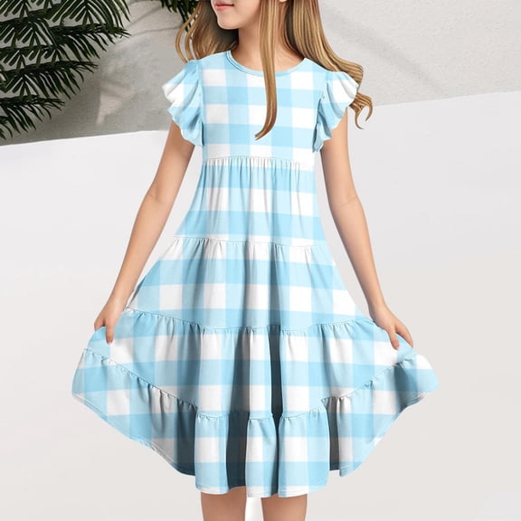 JUSLIO Dresses for Girls Plaid Dresses with Pockets Crew Neck Short Sleeve Casual Dress Size 10 Y
