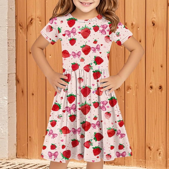 JUSLIO Dresses for Girls Pleated Dresses Print Casual Short Sleeve Dress Size 5 Y