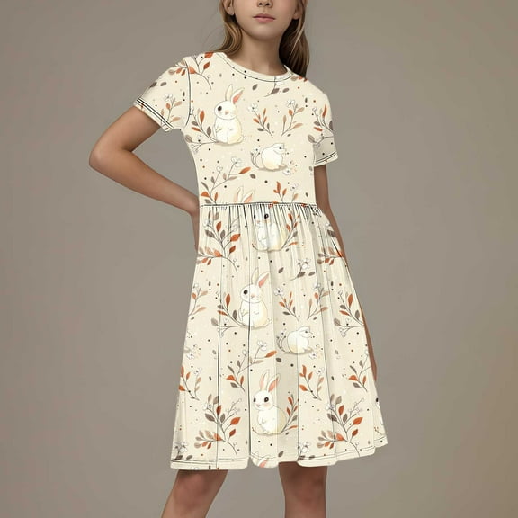 JUSLIO Dresses for Girls Pleated Dresses Print Casual Short Sleeve Dress Size 6