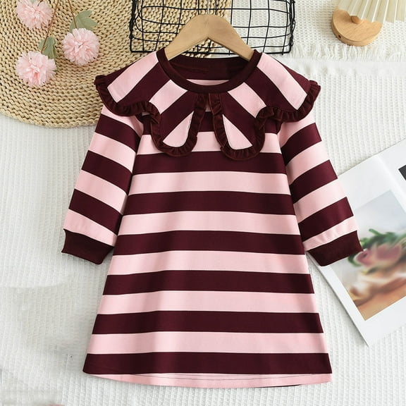 JUSLIO Dresses for Girls Size 2-8 Point Collar Striped Long Sleeve Girls Dress Casual Winter Holiday Party Dresses