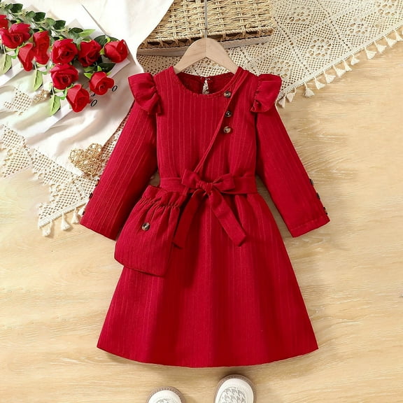 JUSLIO Dresses for Girls Size 4-8 Toddler Striped Long Sleeve Girls Dress Round Neck Winter Casual Princess Dress
