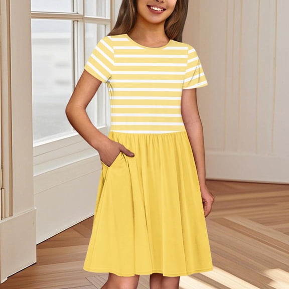 JUSLIO Dresses for Girls Striped Dresses with Pockets Casual Short Sleeve Dress Size 13 Y