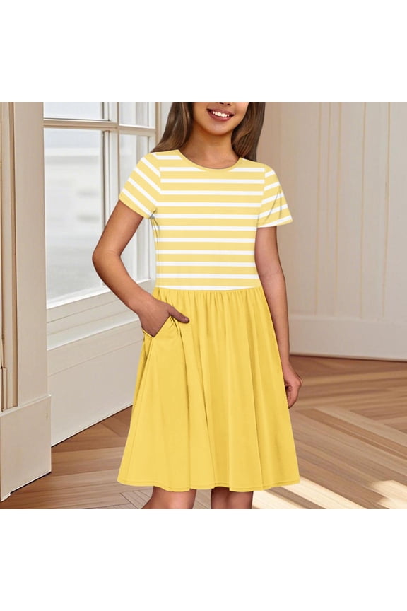 Dresses for Girls Striped Dresses with Pockets Casual Short Sleeve Dress Size 3 Y