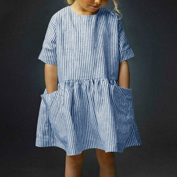 JUSLIO Dresses for Girls Striped Dresses with Pockets Crew Neck Short Sleeve Casual Dress Size 5-6 Y