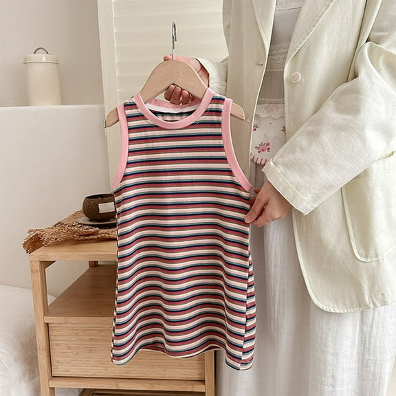 JUSLIO Dresses for Girls Tank Dresses Striped Casual Sleeveless Cotton Dress Size 2 Y