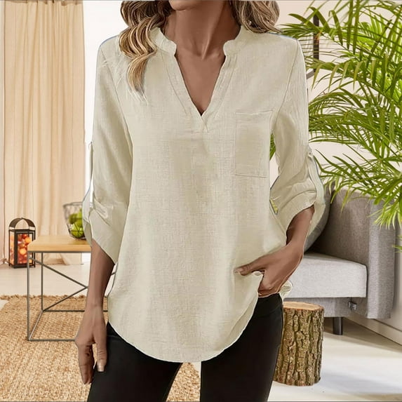 JUSLIO Blouses for Women Casual Solid Shirts Tops Fashion Long Sleeve V Neck Shirts Tops Beige L