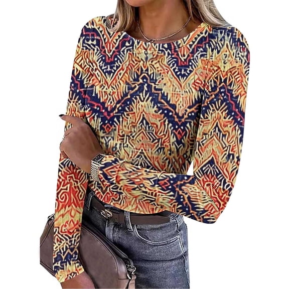 JUSLIO Blouses for Women Knit Graphic Shirts Tops Fashion Long Sleeve Round Neck Shirts Tops Multicolor L