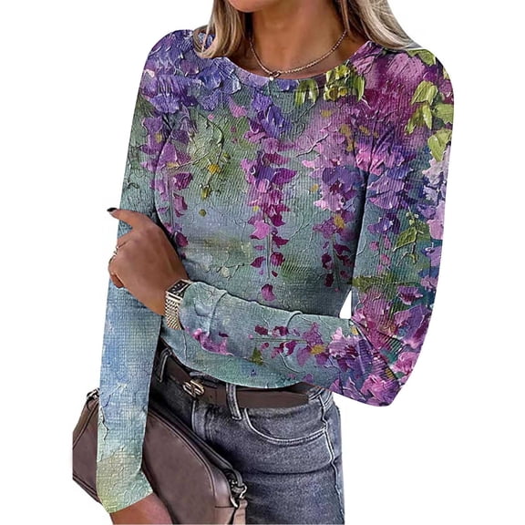 JUSLIO Blouses for Women Knit Graphic Shirts Tops Fashion Long Sleeve Round Neck Shirts Tops Multicolor L