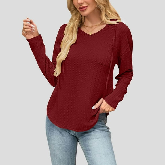 JUSLIO Blouses for Women Knit with Pockets Hoodies Solid Long Sleeve V Neck Hoodies Wine S