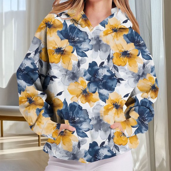 JUSLIO Fall/Winter Blouses for Women Relaxed Fit Graphic Sweatshirts Ruched Long sleeve Round Neck Sweatshirts Yellow S