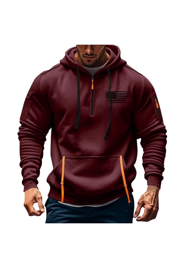 Juslio Mens Hoodies Zip Pockets Hoodies Drawstring Pullover Long Sleeve Hooded Sweatshirts Red XL