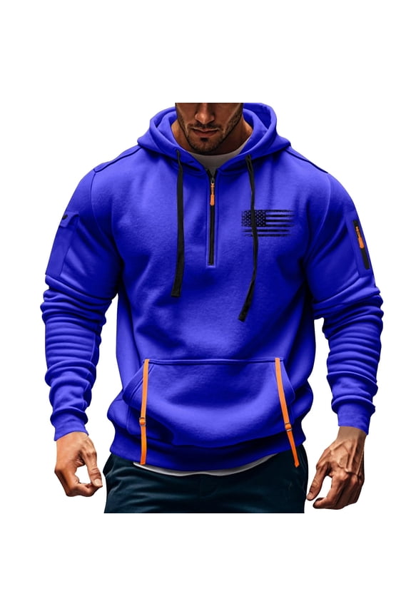 Juslio Hoodies for Men Drawstring Pullover Long Sleeve Zip Pockets Hoodies Hooded Sweatshirts Blue M